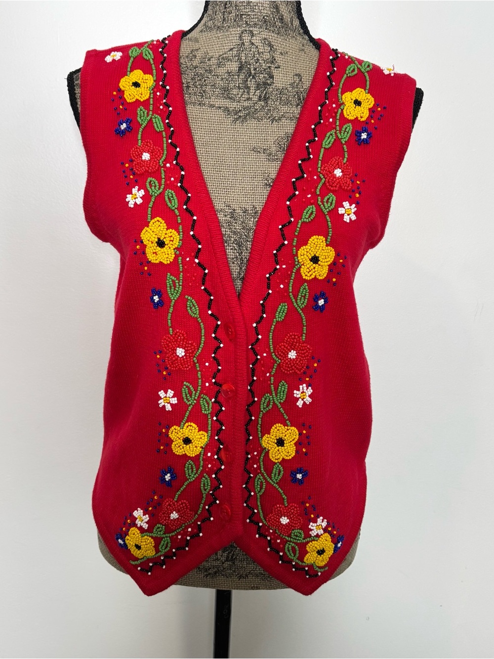 Vintage Ann Taylor Beaded Floral Sweater Vest Red Cotton Boho Cottagecore Size 8